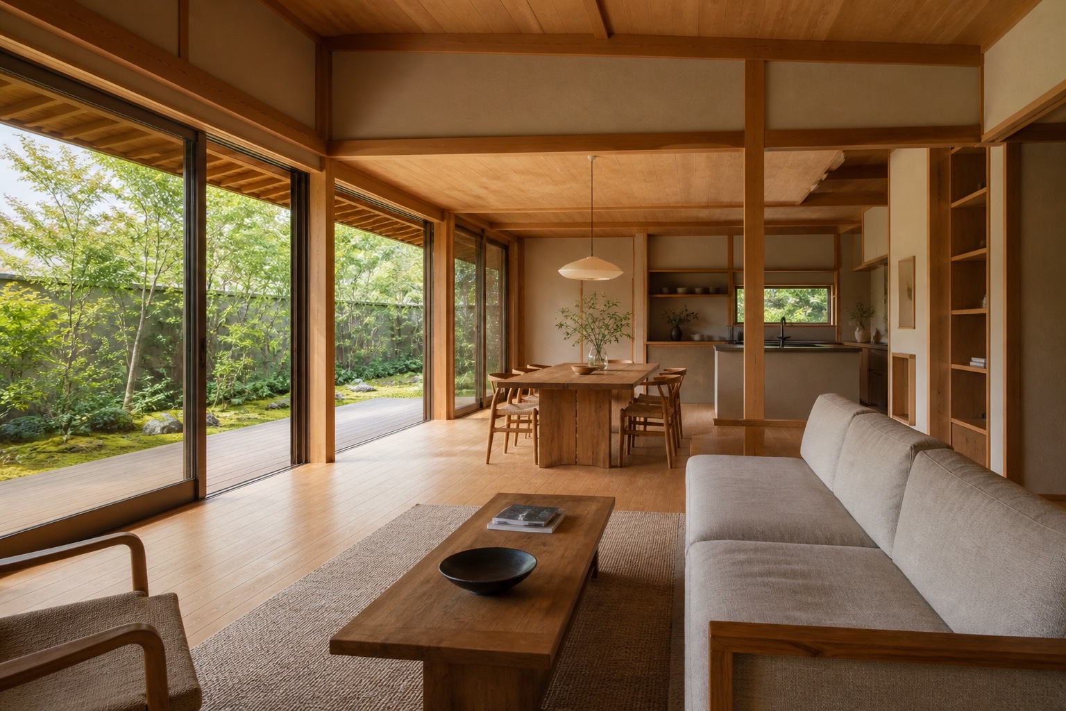 庭とつながる平屋の室内