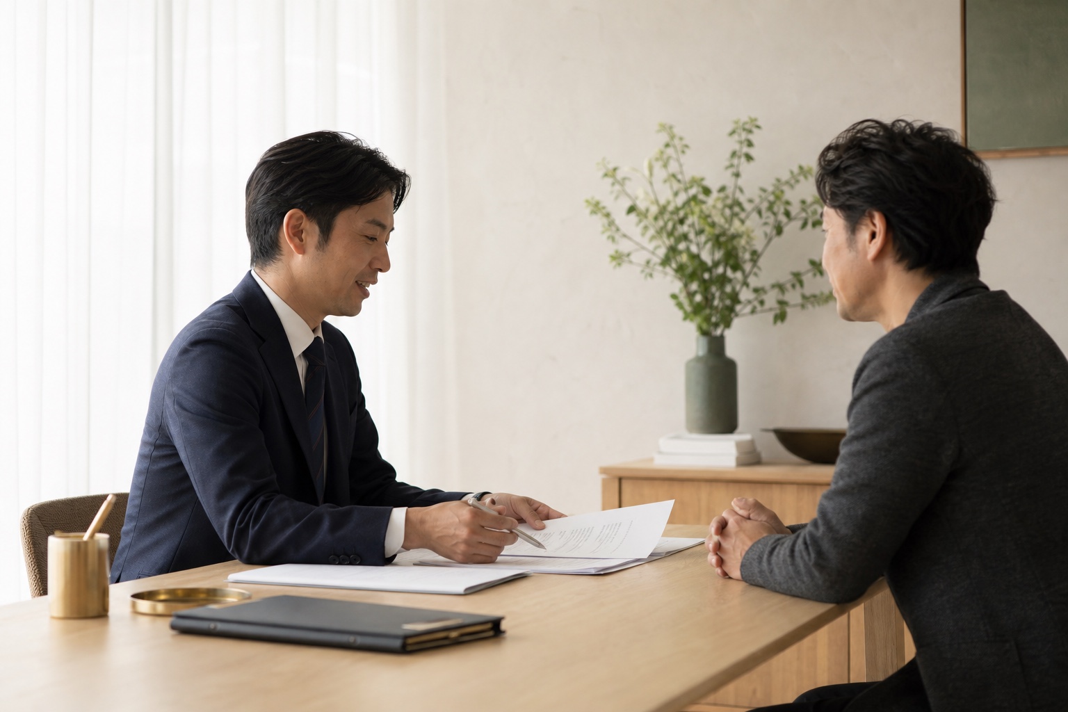 相談者へ書類を説明する行政書士
